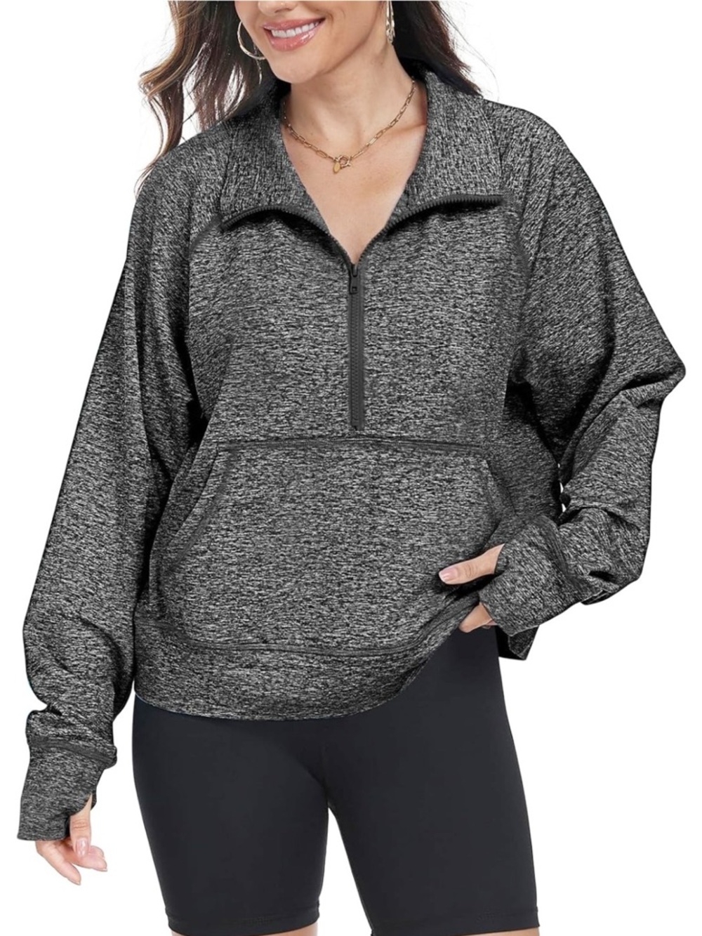 KIMMERY Heathered Gray Half Zip Pullover Kangaroo Hoodie Large